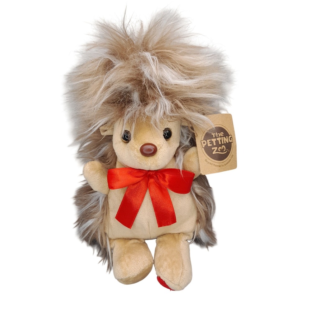 The Petting Zoo Hedgehog Plush Red Bow Heart Recycled Materials Tan Brown 9"